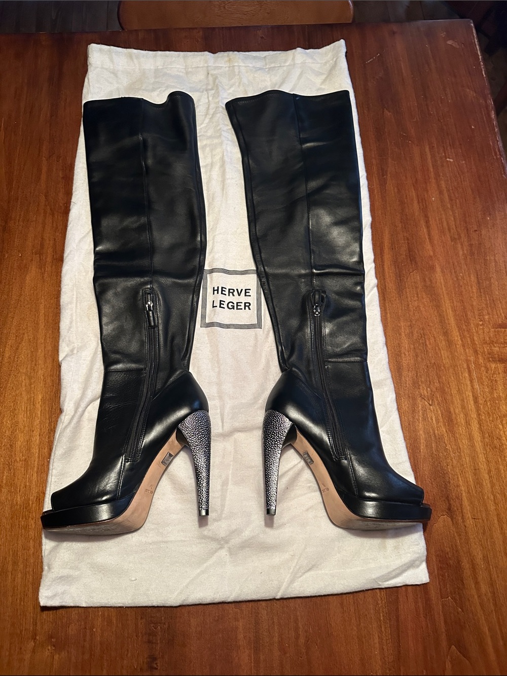 Herve Leger Vero Cuoio Black Leather Over-the-Knee Peep-Toe Stiletto Boots - Picture 2 of 6